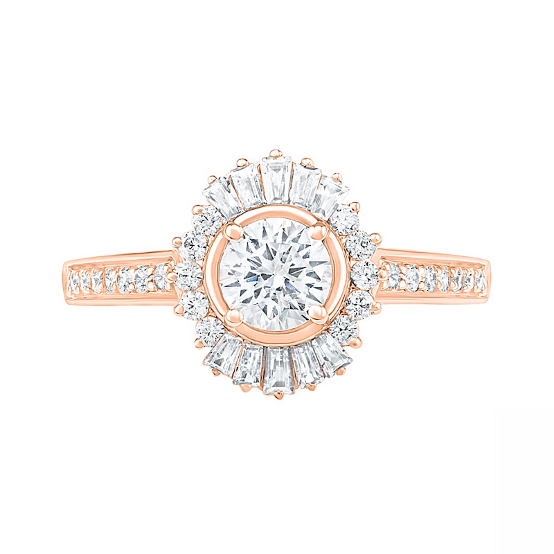 0.95 CT. T.W. Baguette and Round Diamond Sunburst Frame Bridal Set in 10K Rose Gold