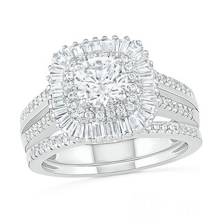 1.45 CT. T.W. Baguette and Round Diamond Cushion-Shaped Sunburst Frame Bridal Set in 10K Gold