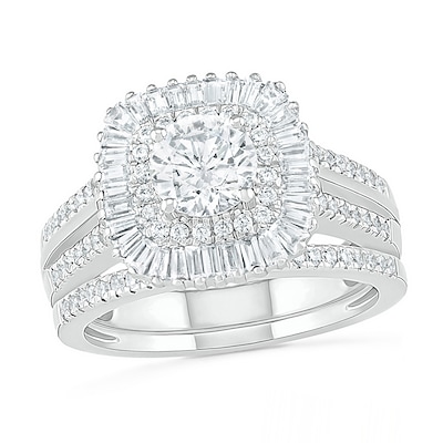 1.45 CT. T.W. Baguette and Round Diamond Cushion-Shaped Sunburst Frame Bridal Set in 10K Gold