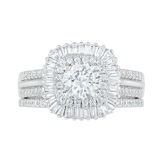 1.45 CT. T.W. Baguette and Round Diamond Cushion-Shaped Sunburst Frame Bridal Set in 10K Gold