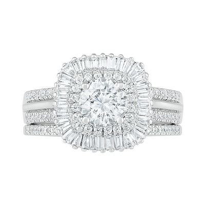 1.45 CT. T.W. Baguette and Round Diamond Cushion-Shaped Sunburst Frame Bridal Set in 10K Gold