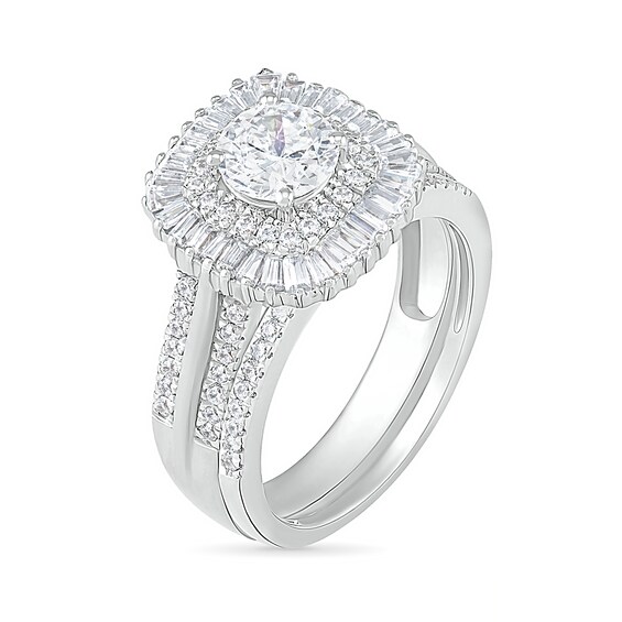 1.45 CT. T.W. Baguette and Round Diamond Cushion-Shaped Sunburst Frame Bridal Set in 10K Gold