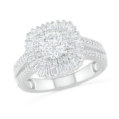 1.45 CT. T.W. Baguette and Round Diamond Cushion-Shaped Sunburst Frame Bridal Set in 10K Gold