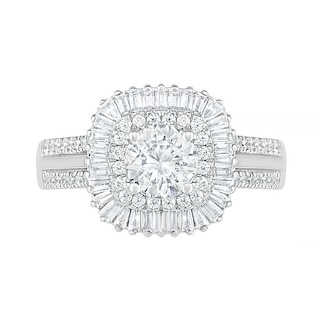 1.45 CT. T.W. Baguette and Round Diamond Cushion-Shaped Sunburst Frame Bridal Set in 10K Gold