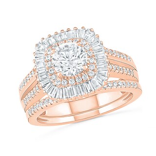 1.45 CT. T.W. Baguette and Round Diamond Cushion-Shaped Sunburst Frame Bridal Set in 10K Rose Gold