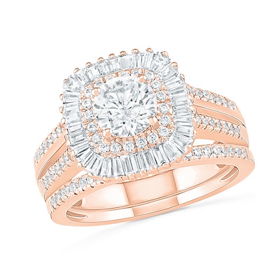 1.45 CT. T.W. Baguette and Round Diamond Cushion-Shaped Sunburst Frame Bridal Set in 10K Rose Gold