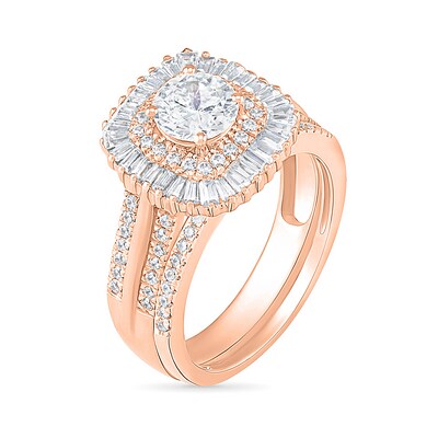 1.45 CT. T.W. Baguette and Round Diamond Cushion-Shaped Sunburst Frame Bridal Set in 10K Rose Gold