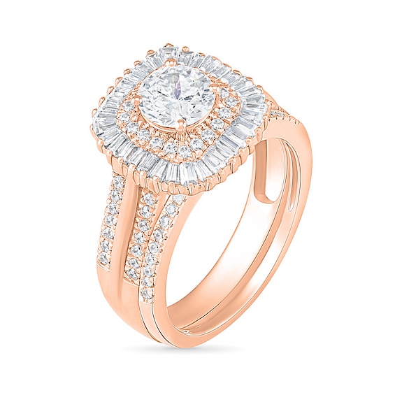 1.45 CT. T.W. Baguette and Round Diamond Cushion-Shaped Sunburst Frame Bridal Set in 10K Rose Gold