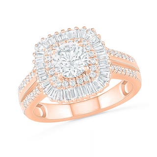 1.45 CT. T.W. Baguette and Round Diamond Cushion-Shaped Sunburst Frame Bridal Set in 10K Rose Gold