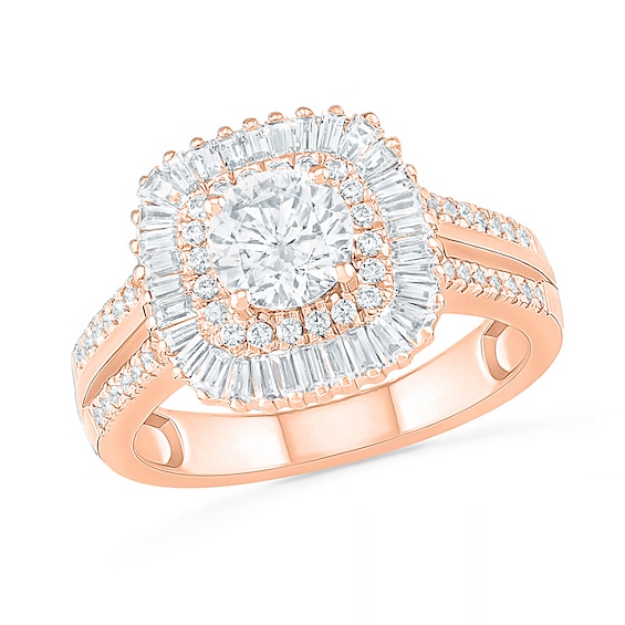 1.45 CT. T.W. Baguette and Round Diamond Cushion-Shaped Sunburst Frame Bridal Set in 10K Rose Gold