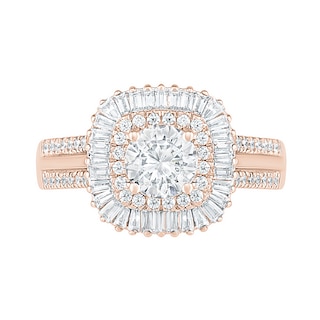 1.45 CT. T.W. Baguette and Round Diamond Cushion-Shaped Sunburst Frame Bridal Set in 10K Rose Gold