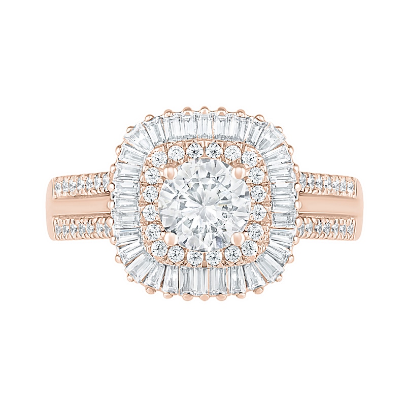 1.45 CT. T.W. Baguette and Round Diamond Cushion-Shaped Sunburst Frame Bridal Set in 10K Rose Gold|Peoples Jewellers