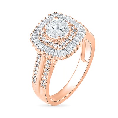 1.45 CT. T.W. Baguette and Round Diamond Cushion-Shaped Sunburst Frame Bridal Set in 10K Rose Gold