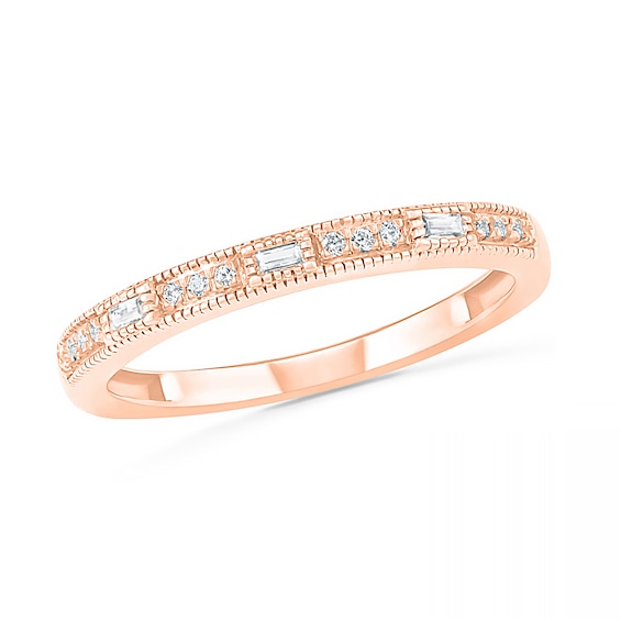 0.085 CT. T.W. Baguette and Round Diamond Vintage-Style Anniversary Band in 10K Rose Gold