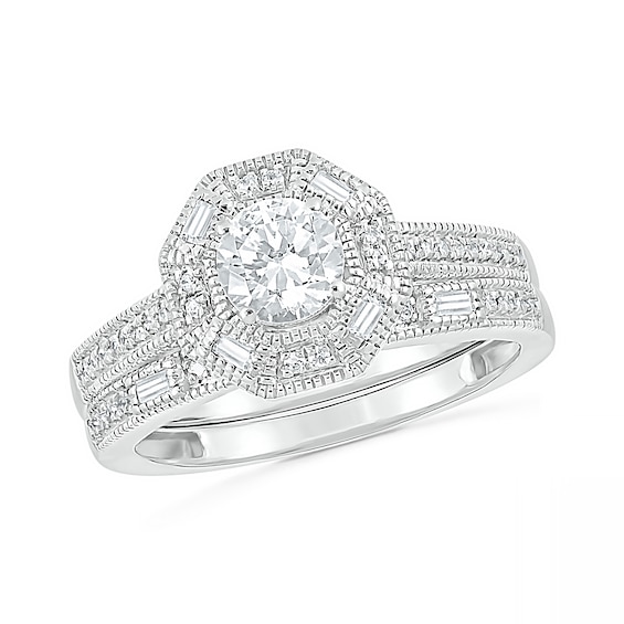 0.69 CT. T.W. Baguette and Round Diamond Octagonal Frame Vintage-Style Bridal Set in 10K Gold