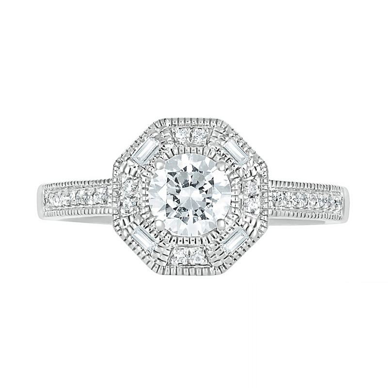 Main Image 5 of 0.69 CT. T.W. Baguette and Round Diamond Octagonal Frame Vintage-Style Bridal Set in 10K White Gold