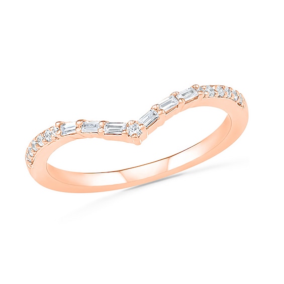 0.145 CT. T.W. Baguette and Round Diamond Chevron Anniversary Band in 10K Rose Gold