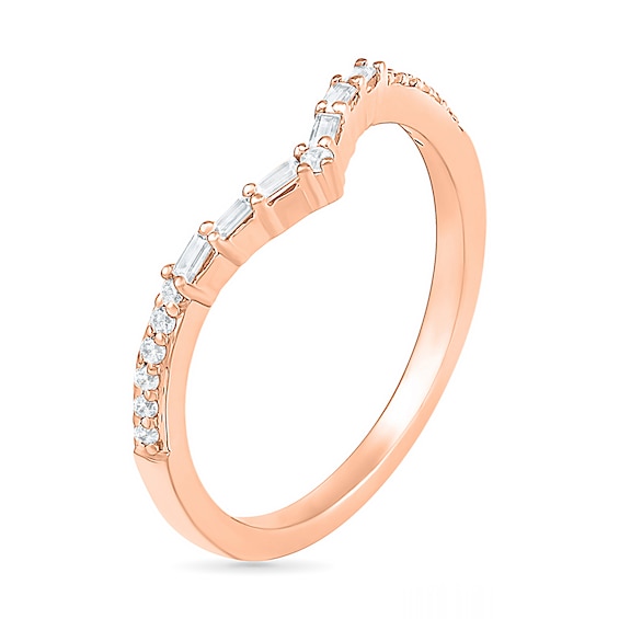 0.145 CT. T.W. Baguette and Round Diamond Chevron Anniversary Band in 10K Rose Gold