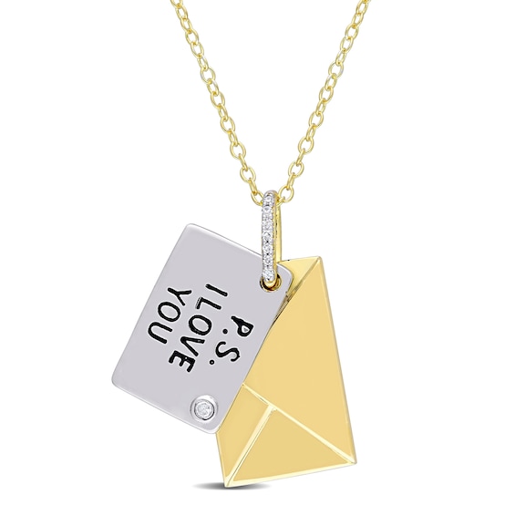 Diamond Accent "P.S. I LOVE YOU" Letter Pendant in Sterling Silver with Yellow Rhodium Plate