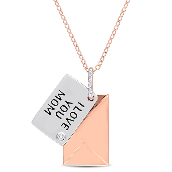 Diamond Accent "I LOVE YOU MOM" Letter Pendant in Sterling Silver with Rose Rhodium Plate