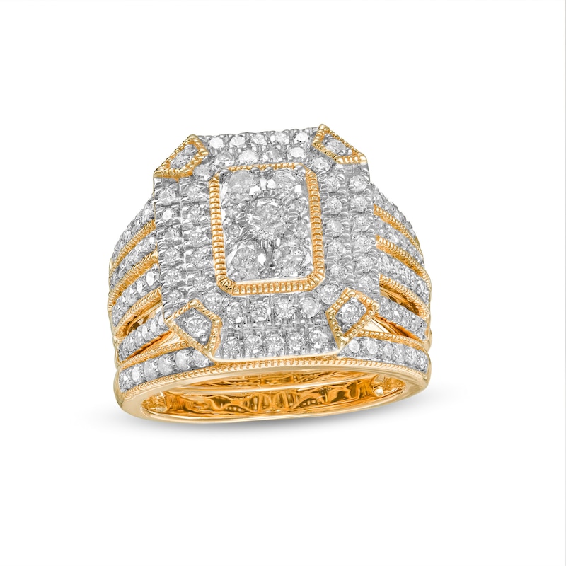 1.29 CT. T.W. Composite Diamond Double Octagonal Frame Multi-Row Vintage-Style Bridal Set in 10K Gold|Peoples Jewellers