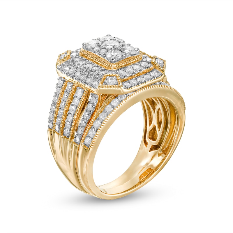 1.29 CT. T.W. Composite Diamond Double Octagonal Frame Multi-Row Vintage-Style Bridal Set in 10K Gold|Peoples Jewellers