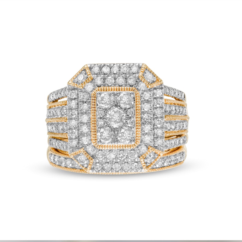 1.29 CT. T.W. Composite Diamond Double Octagonal Frame Multi-Row Vintage-Style Bridal Set in 10K Gold