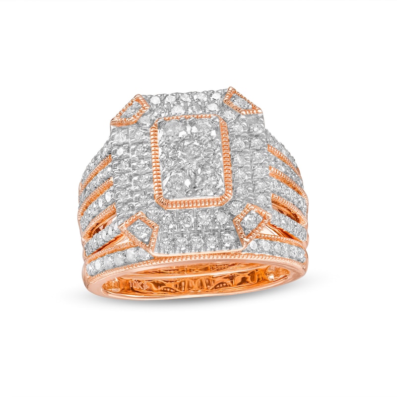 1.29 CT. T.W. Composite Diamond Double Octagonal Frame Multi-Row Vintage-Style Bridal Set in 10K Rose Gold|Peoples Jewellers