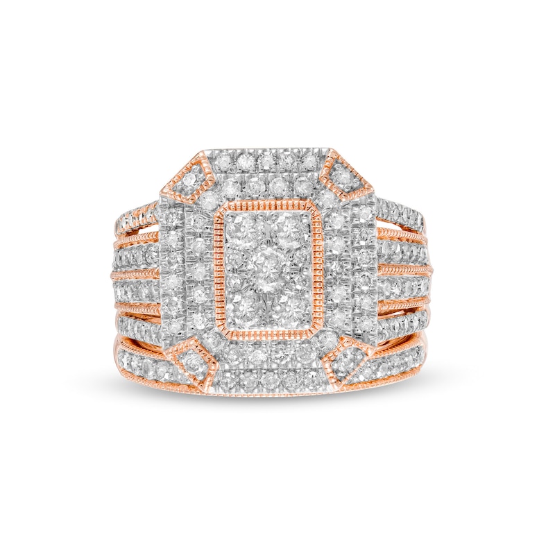 1.29 CT. T.W. Composite Diamond Double Octagonal Frame Multi-Row Vintage-Style Bridal Set in 10K Rose Gold|Peoples Jewellers