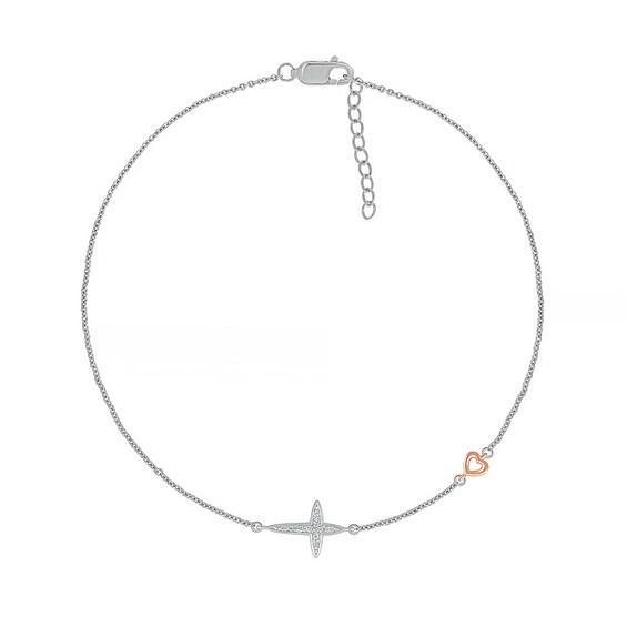 0.04 CT. T.W. Diamond Sideways Cross Anklet in Sterling Silver and 10K Rose Gold – 10"