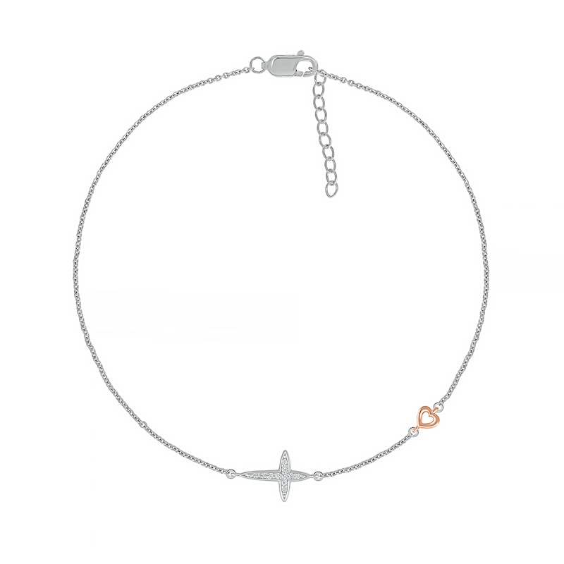 0.04 CT. T.W. Diamond Sideways Cross Anklet in Sterling Silver and 10K Rose Gold – 10"|Peoples Jewellers