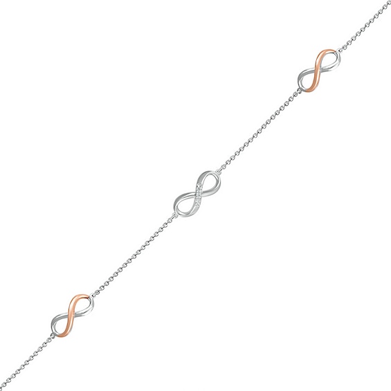 Diamond Accent Infinity Trio Anklet in Sterling Silver and 10K Rose Gold – 10"