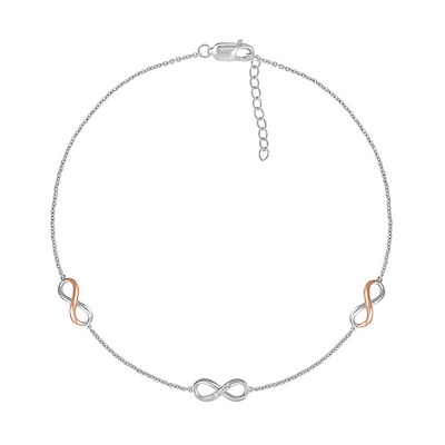 Diamond Accent Infinity Trio Anklet in Sterling Silver and 10K Rose Gold – 10"