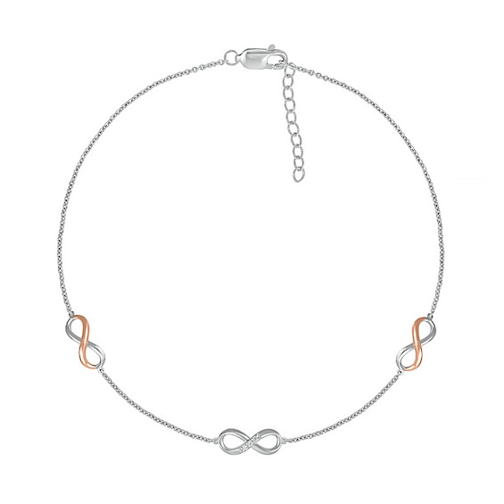 Diamond Accent Infinity Trio Anklet in Sterling Silver and 10K Rose Gold – 10"