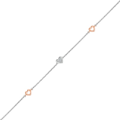 Diamond Accent Heart Station Anklet in Sterling Silver and 10K Rose Gold – 10"