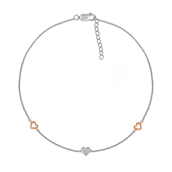 Diamond Accent Heart Station Anklet in Sterling Silver and 10K Rose Gold – 10"