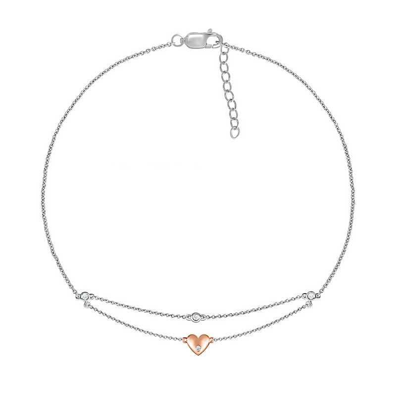 0.04 CT. T.W. Diamond Double Layer Heart Anklet in Sterling Silver and 10K Rose Gold – 10"|Peoples Jewellers
