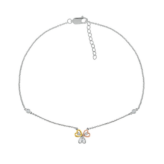 0.04 CT. T.W. Diamond Triple Heart Anklet in Sterling Silver and 10K Two-Tone Gold – 10"