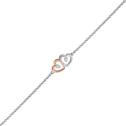 Diamond Accent Double Heart Anklet in Sterling Silver and 10K Rose Gold – 10&quot;
