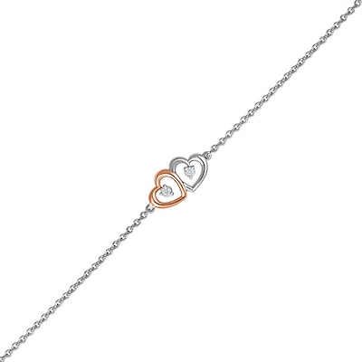 Diamond Accent Double Heart Anklet in Sterling Silver and 10K Rose Gold – 10"