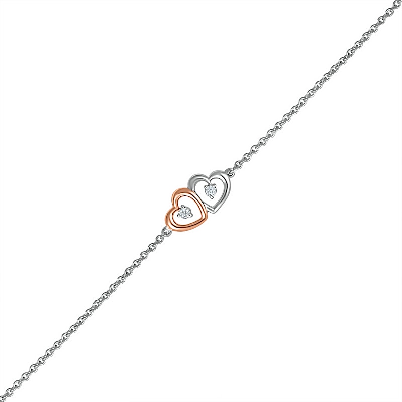 Diamond Accent Double Heart Anklet in Sterling Silver and 10K Rose Gold – 10"|Peoples Jewellers