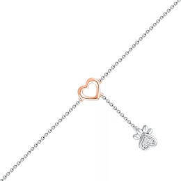 Diamond Accent Heart and Paw Anklet in Sterling Silver and 10K Rose Gold – 10&quot;