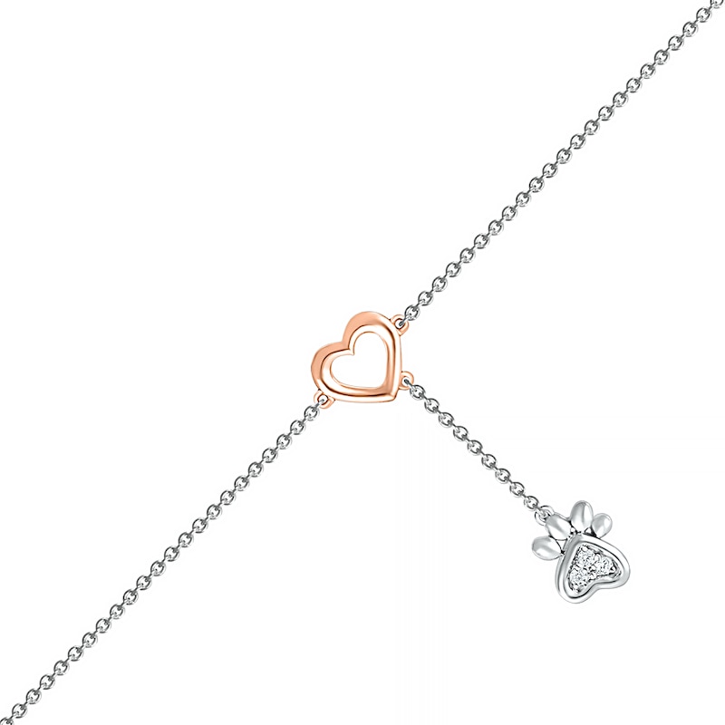 Diamond Accent Heart and Paw Anklet in Sterling Silver and 10K Rose Gold – 10"|Peoples Jewellers