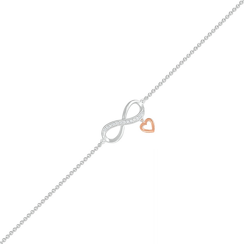 0.04 CT. T.W. Diamond Infinity with Heart Dangle Anklet in Sterling Silver and 10K Rose Gold – 10"
