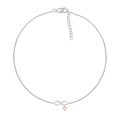 0.04 CT. T.W. Diamond Infinity with Heart Dangle Anklet in Sterling Silver and 10K Rose Gold – 10"