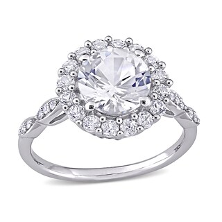 8.0mm White Lab-Created Sapphire and 0.05 CT. T.W. Diamond Frame Art Deco Engagement Ring in 10K White Gold