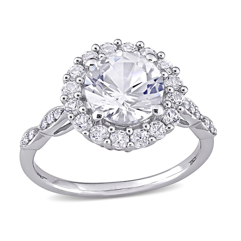 8.0mm White Lab-Created Sapphire and 0.05 CT. T.W. Diamond Frame Art Deco Engagement Ring in 10K White Gold|Peoples Jewellers