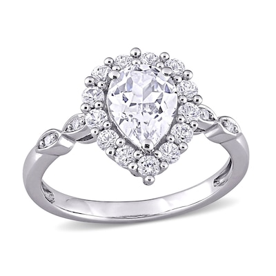 Pear-Shaped White Lab-Created Sapphire and Diamond Accent Frame Art Deco Engagement Ring in 10K White Gold