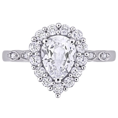 Pear-Shaped White Lab-Created Sapphire and Diamond Accent Frame Art Deco Engagement Ring in 10K White Gold