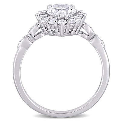 Pear-Shaped White Lab-Created Sapphire and Diamond Accent Frame Art Deco Engagement Ring in 10K White Gold